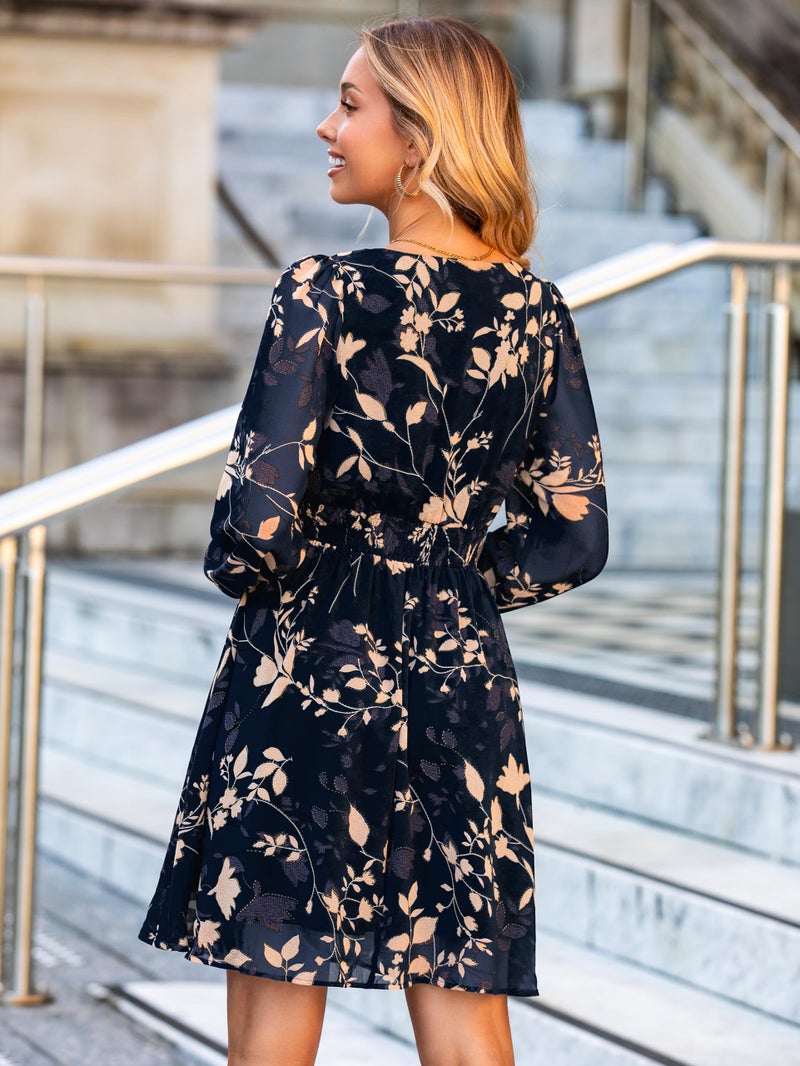 Simplee Womens Floral Mini Dress - Long Sleeve Casual V Neck Chiffon Modest Boho Flowy Fall Wedding Guest Dresses,Navy Blue L - Image 4