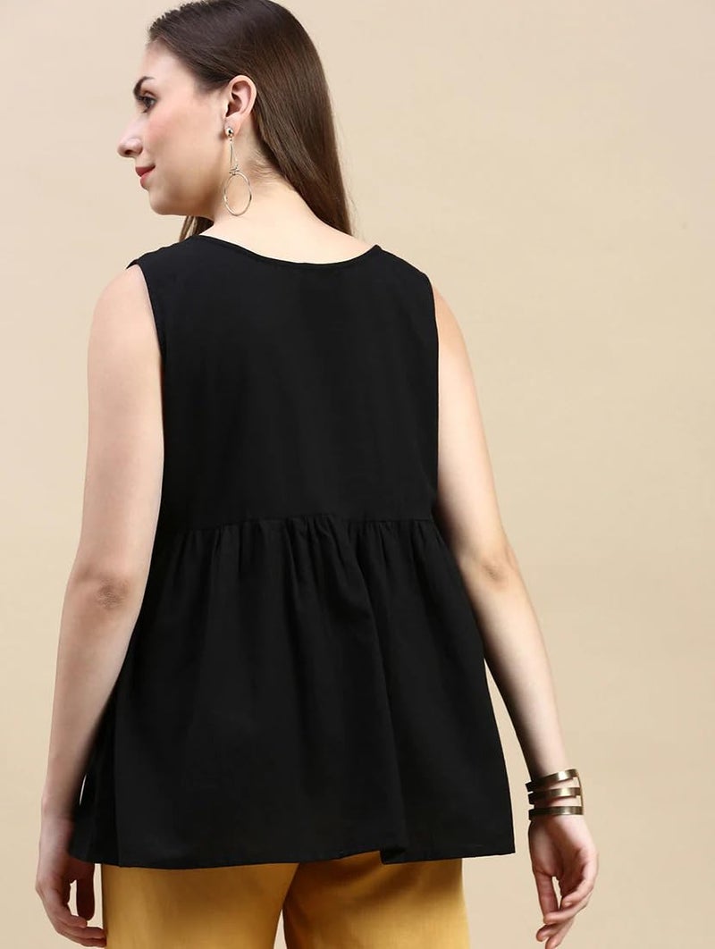 Mooney Western Front Button Down Fancy Round Neck Sleevless Office Wear Breast Feeding Maternity Women Black Rayon Top - Image 2