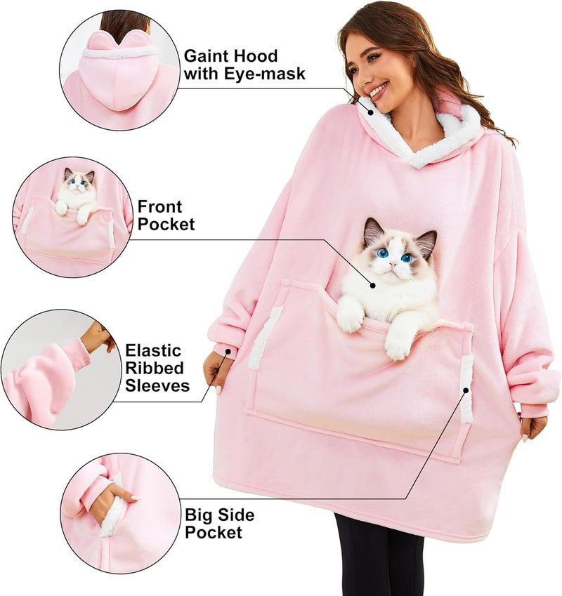 Gentlewarm Store هودي بطانية قابلة للارتداء للبالغين النساء والرجال، هودي شيربا فليس دافئ وناعم بحجم كبير مع جيب عملاق للحيوانات الأليفة - Image 5