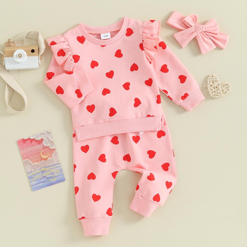 Beqeuewll Toddler Baby Girl Valentine'S Day Outfit Matching Sets Long Sleeve Heart Sweatshirt Jogger Pants Headband 3Pcs (Full Heart-Pink  0-6 Months) - Image 2