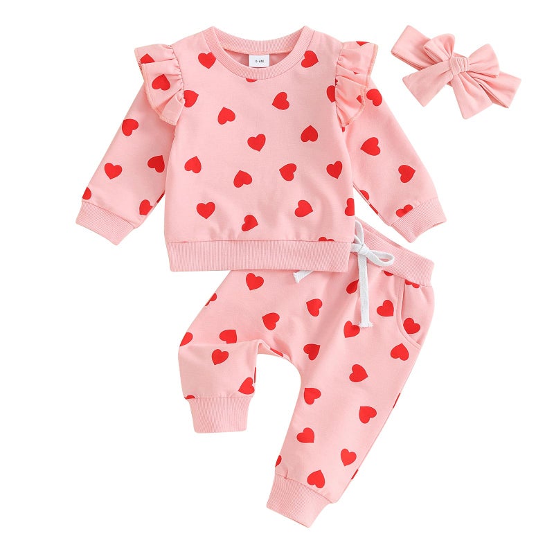 Beqeuewll Toddler Baby Girl Valentine'S Day Outfit Matching Sets Long Sleeve Heart Sweatshirt Jogger Pants Headband 3Pcs (Full Heart-Pink  0-6 Months) - Image 1