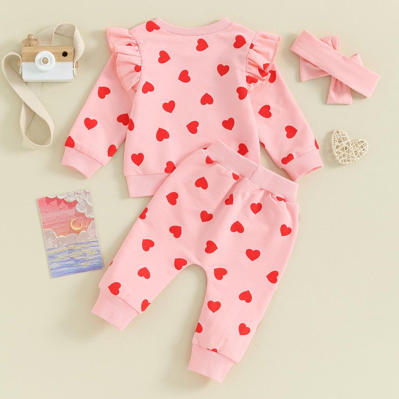 Beqeuewll Toddler Baby Girl Valentine'S Day Outfit Matching Sets Long Sleeve Heart Sweatshirt Jogger Pants Headband 3Pcs (Full Heart-Pink  0-6 Months) - Image 3