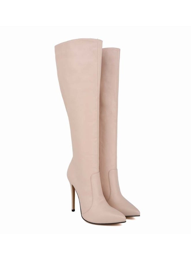 Loquat New autumn and winter style slimming knee-high stiletto heel boots the heel height 10 cm and the shaft length 50 cm Nude  - Image 4