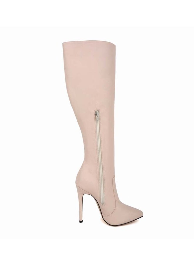 Loquat New autumn and winter style slimming knee-high stiletto heel boots the heel height 10 cm and the shaft length 50 cm Nude  - Image 1