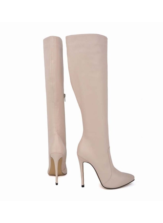 Loquat New autumn and winter style slimming knee-high stiletto heel boots the heel height 10 cm and the shaft length 50 cm Nude  - Image 3