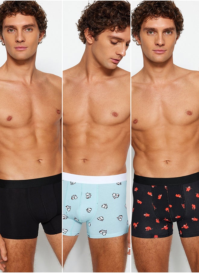 trendyol 3-Piece Multi-Colored Animal Patterned-Plain Pack Cotton Couple Boxers TMNAW24BX00018  - Image 2