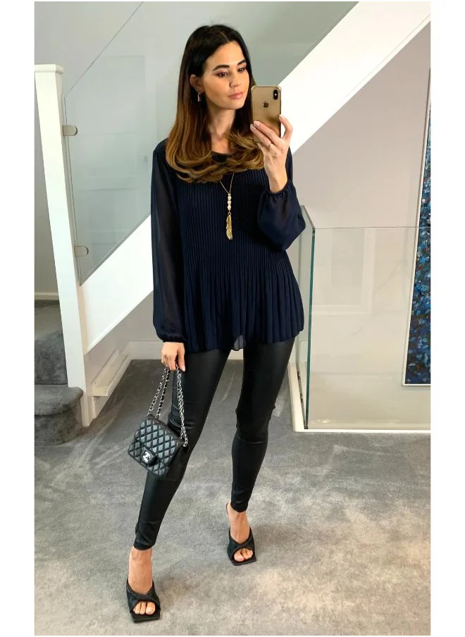 Hoxton Gal Oversized Pleated Top in Navy with Tulle Sleeves & Necklace