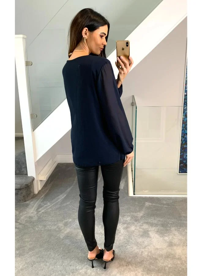 Hoxton Gal Oversized Pleated Top in Navy with Tulle Sleeves