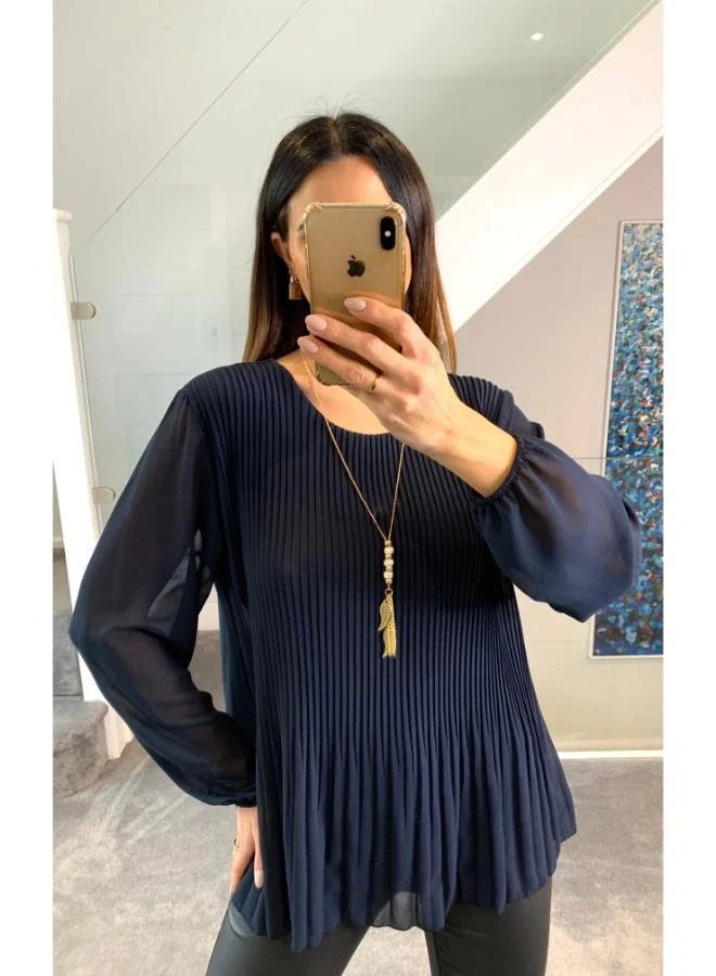 Hoxton Gal Oversized Pleated Top in Navy with Tulle Sleeves