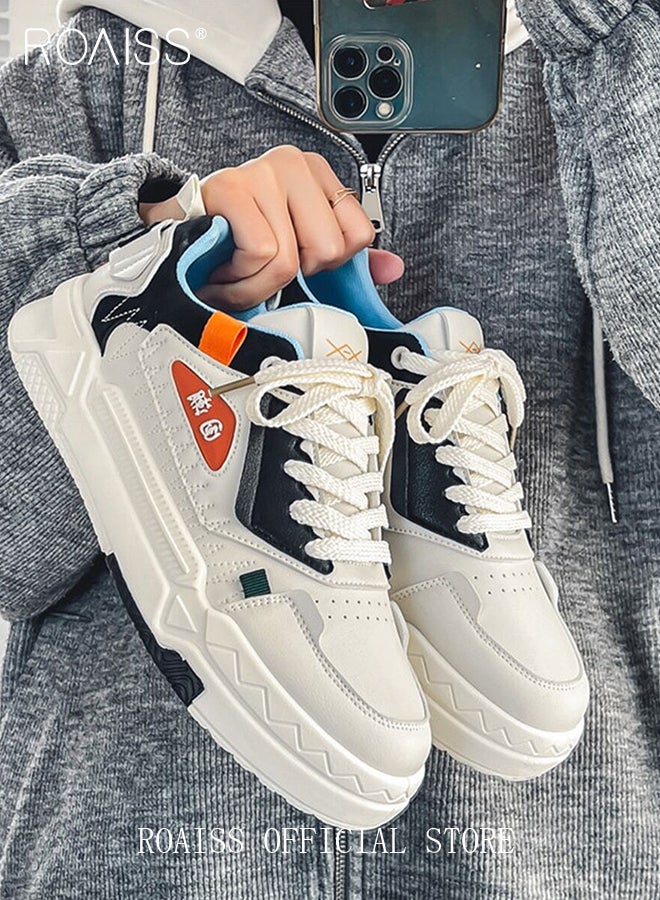 roaiss Men's Comfortable and Breathable Mid-High Lace-Up Sneakers Non-slip and Wear-Resistant Thick-Soled Round-Toe Outdoor Flat Shoes Campus Trendy Sports and Casual Shoes Beige - Image 3