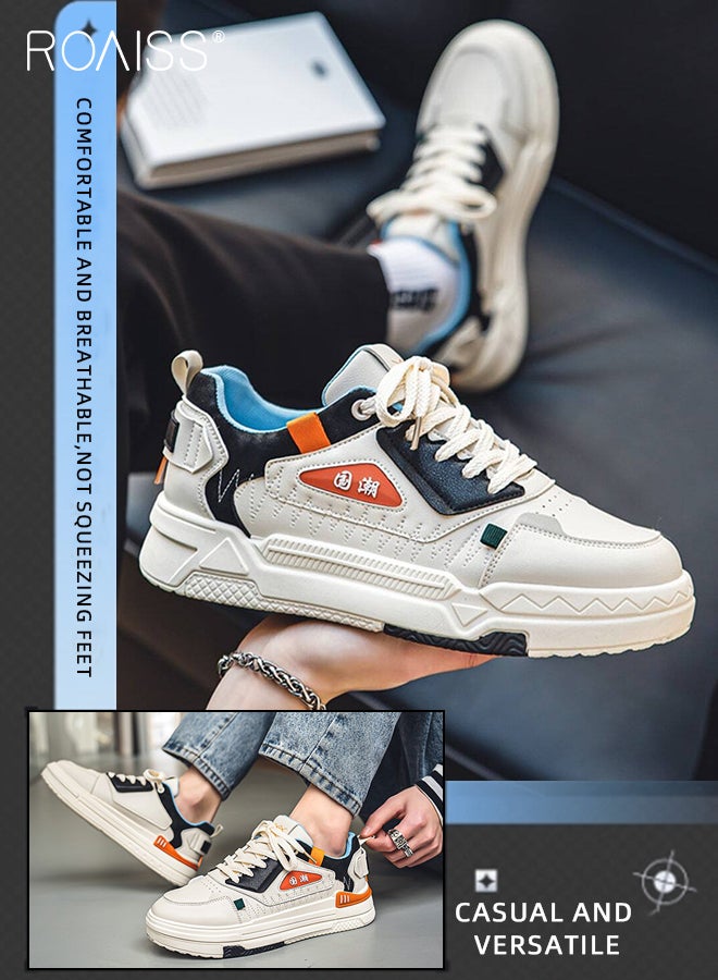 roaiss Men's Comfortable and Breathable Mid-High Lace-Up Sneakers Non-slip and Wear-Resistant Thick-Soled Round-Toe Outdoor Flat Shoes Campus Trendy Sports and Casual Shoes Beige - Image 2