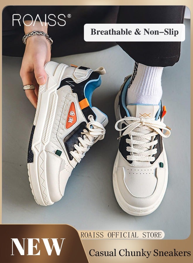 roaiss Men's Comfortable and Breathable Mid-High Lace-Up Sneakers Non-slip and Wear-Resistant Thick-Soled Round-Toe Outdoor Flat Shoes Campus Trendy Sports and Casual Shoes Beige - Image 1