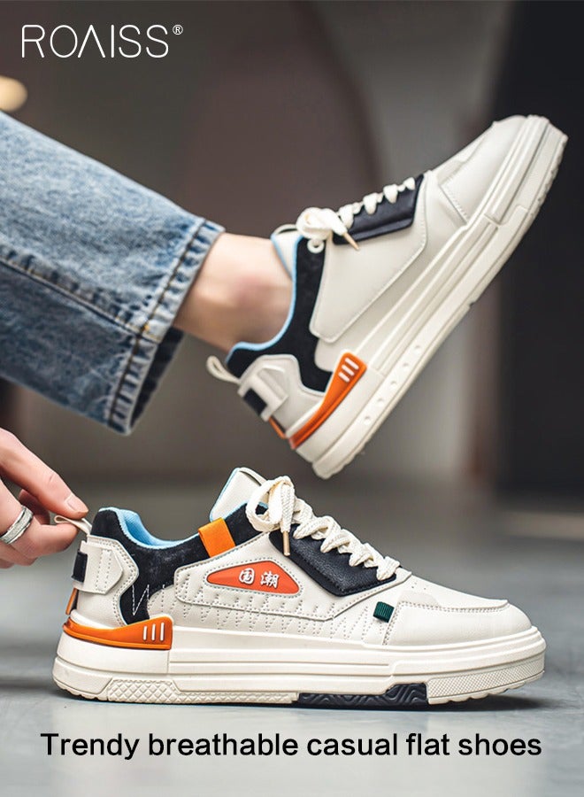 roaiss Men's Comfortable and Breathable Mid-High Lace-Up Sneakers Non-slip and Wear-Resistant Thick-Soled Round-Toe Outdoor Flat Shoes Campus Trendy Sports and Casual Shoes Beige - Image 5