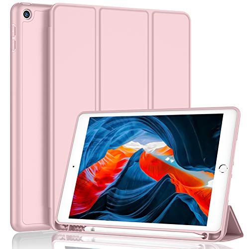 iMieet iPad 9th Generation Case 2021/iPad 8th Generation Case 2020 10.2 Inch with Pencil Holder, iPad 7th Gen 2019 Case with Soft Baby Skin Silicone Back, Auto Wake/Sleep Cover (Pink) - Image 1