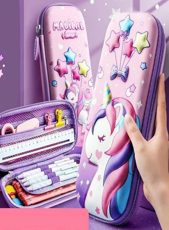 D RAJ 3D EVA Hardtop Pencil Case with Compartments - Kids Large Capacity School Supply Organizer Students Stationery Box - Girls Boys Pen Pouch (Unicorn) - Image 3