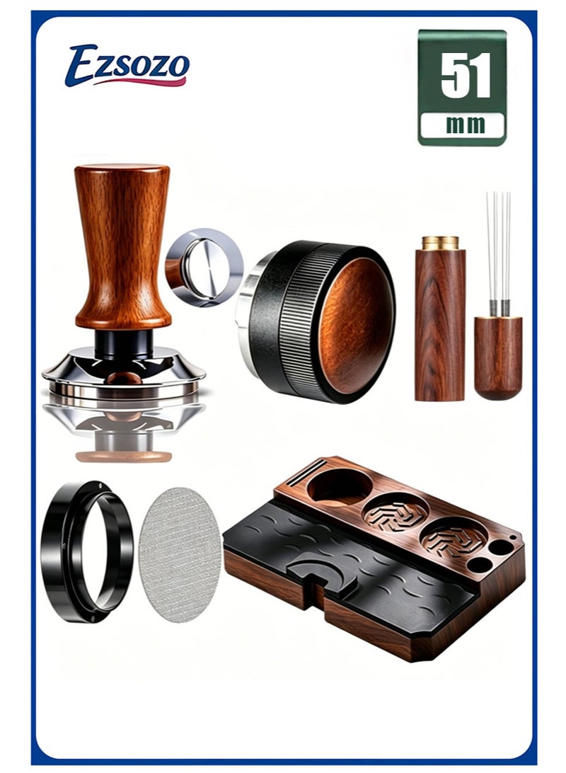 EZSOZO 51mm Espresso Accessory Kit，Calibration of Self-Leveling Tamping Tools ，with Wooden Base， Tamper， WDT Tools， Gravity Distributor， Magnetic Funnel， Latte Art Pens and Stencils - Image 1