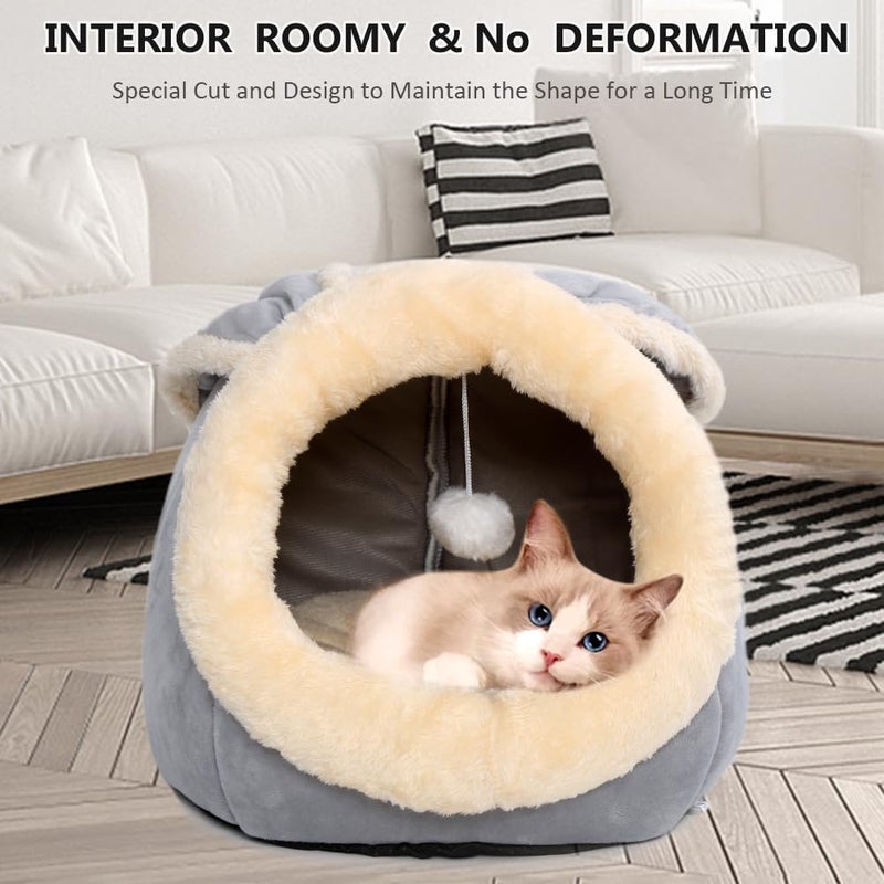 Lcybem Cat Beds for Indoor Cats - Rabbit-Shaped Cat Cave Bed with Hanging Toy,Super Soft Calming Pet Bed for Kitten&Puppy,Small Dog,Warm Plush&Machine Washable&Removable Cotton Pad,cat Hideaway(Grey M) - Image 3
