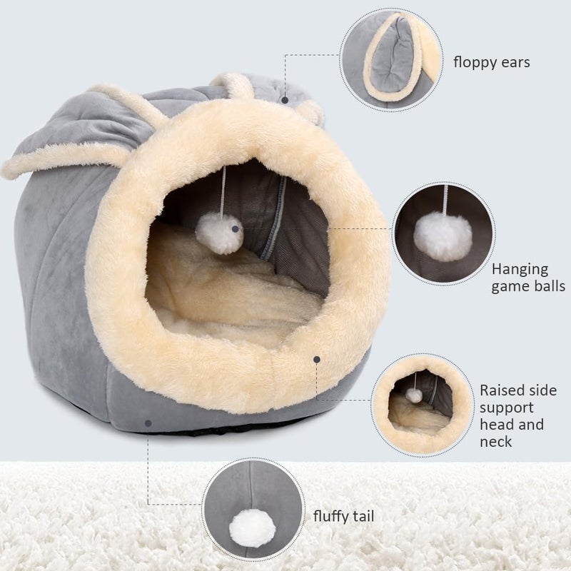 Lcybem Cat Beds for Indoor Cats - Rabbit-Shaped Cat Cave Bed with Hanging Toy,Super Soft Calming Pet Bed for Kitten&Puppy,Small Dog,Warm Plush&Machine Washable&Removable Cotton Pad,cat Hideaway(Grey M) - Image 5