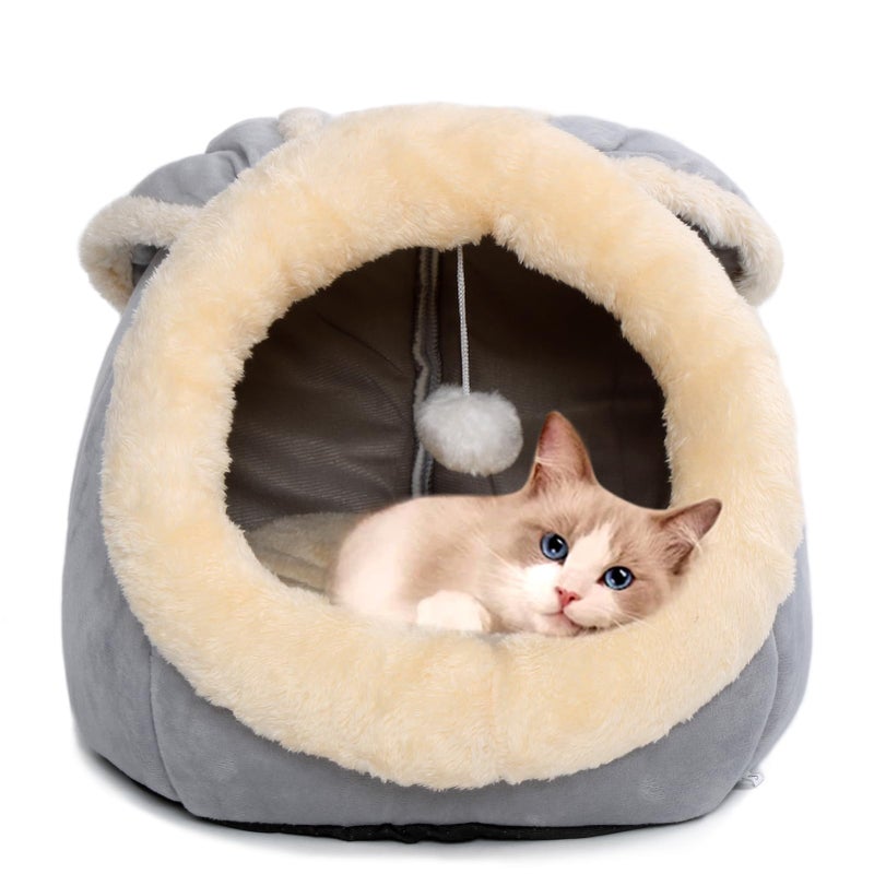 Lcybem Cat Beds for Indoor Cats - Rabbit-Shaped Cat Cave Bed with Hanging Toy,Super Soft Calming Pet Bed for Kitten&Puppy,Small Dog,Warm Plush&Machine Washable&Removable Cotton Pad,cat Hideaway(Grey M) - Image 1
