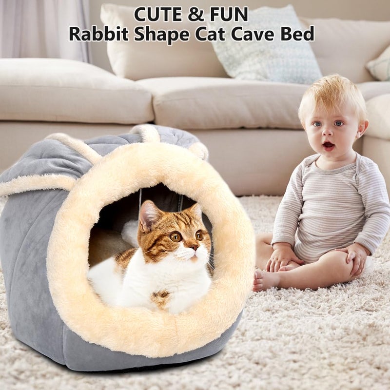 Lcybem Cat Beds for Indoor Cats - Rabbit-Shaped Cat Cave Bed with Hanging Toy,Super Soft Calming Pet Bed for Kitten&Puppy,Small Dog,Warm Plush&Machine Washable&Removable Cotton Pad,cat Hideaway(Grey M) - Image 2