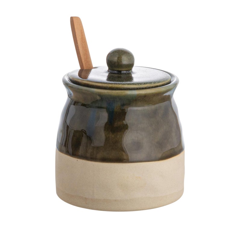 Creative Co-Op Stoneware Sugar Pot with Lid and Wood Spoon, Deep Green Glaze - Image 2