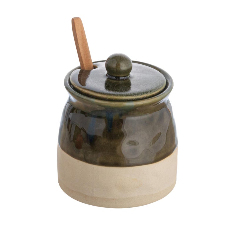 Creative Co-Op Stoneware Sugar Pot with Lid and Wood Spoon, Deep Green Glaze - Image 1