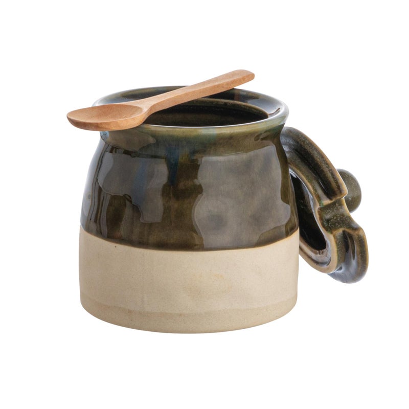 Creative Co-Op Stoneware Sugar Pot with Lid and Wood Spoon, Deep Green Glaze - Image 3