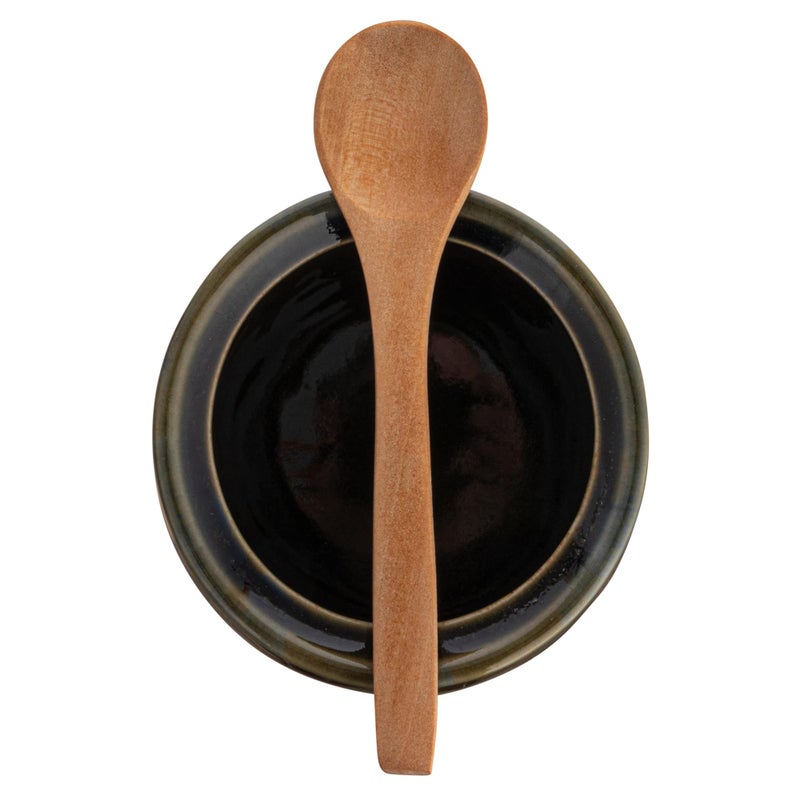 Creative Co-Op Stoneware Sugar Pot with Lid and Wood Spoon, Deep Green Glaze - Image 4