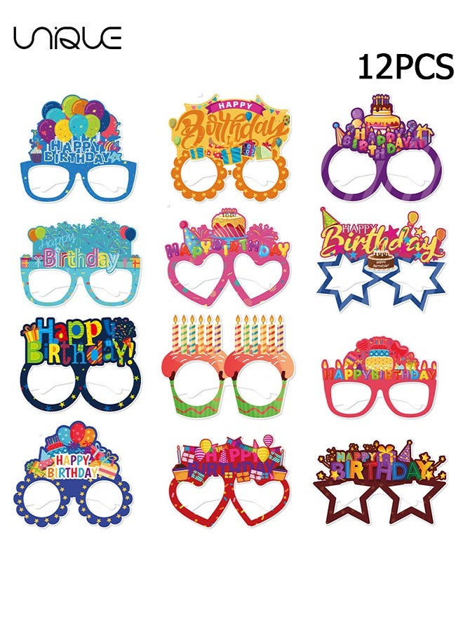 Unique 12 PCS Happy Birthday Paper Glasses - 12 Styles - Novelty Funny Photo Booth Props, Colorful Birthday Party Glasses for Party Decorations - Image 1