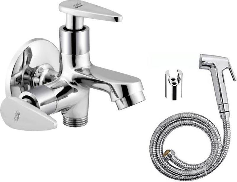 Spazio Brass Vignette Collection 2 Way Bib Cock Wall Mount Pack of 1 Jaguar Health Faucet SetSS 15m Tube for Bathroom Chrome Finish Silver Plated Bib Tap Faucet Wall Mount Installation Type - Image 1