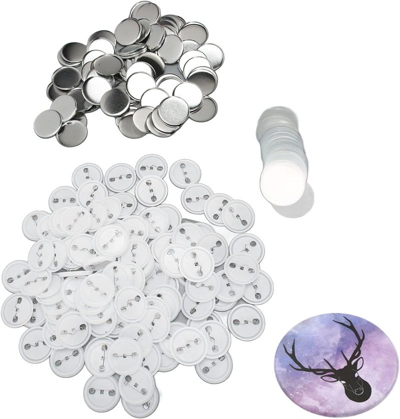 100 Set Pin Back Button Parts, Tinplate Plastic Badge Making Supplies, Rustproof Round Button Pin Kit with Protective Film for DIY Craft Projects and Gift Creation (44MM) - Image 1