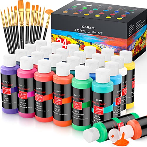 Caliart Acrylic Paint Set With 12 Brushes, 24 Colors (120ml, 4oz) Art Craft Paints for Adults Artists Beginners Painters, Canvas Ceramic Wood Rock Painting Art Supplies Kit - Image 1