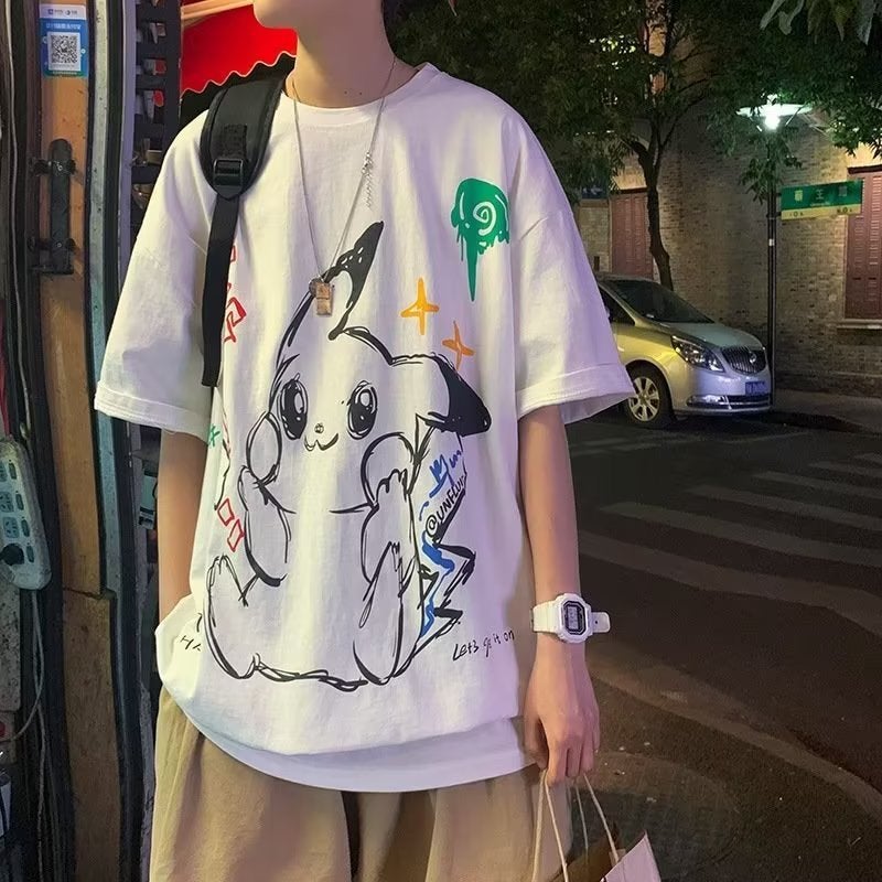 Graffiti Cartoon Short-sleeved T-shirt Mens Summer High Street Hip-hop Loose Couples Top Clothes Trendy Brand Loose Half-length Sleeve dark gray