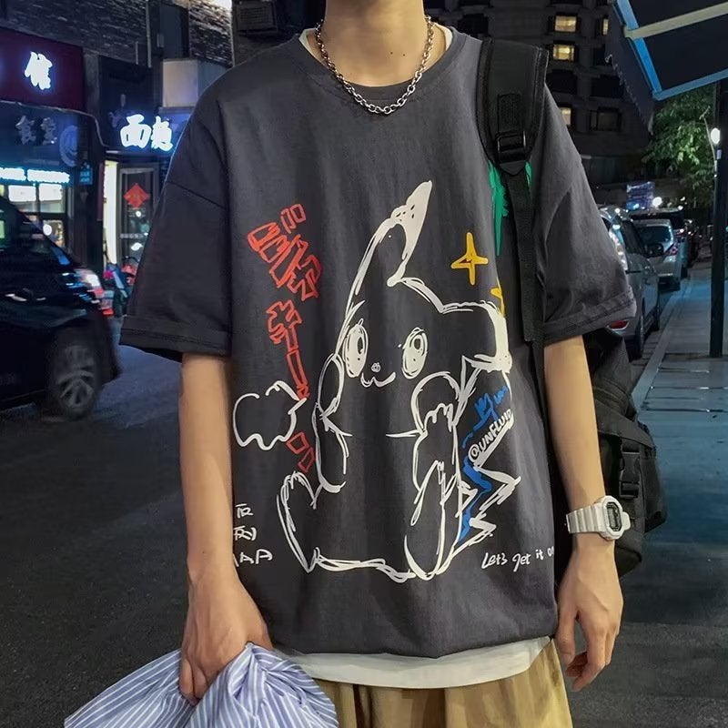Graffiti Cartoon Short-sleeved T-shirt Mens Summer High Street Hip-hop Loose Couples Top Clothes Trendy Brand Loose Half-length Sleeve dark gray