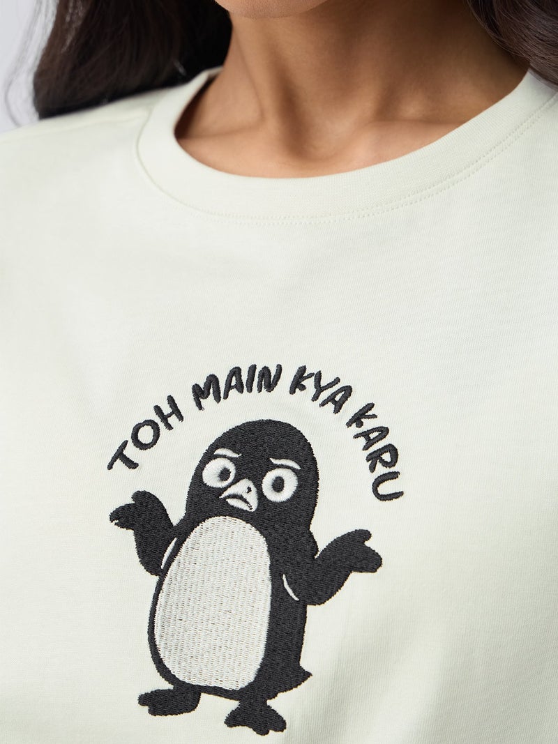 The Souled Store TSS Originals: To Main Kya Karu Women and Girls Short Sleeves Round Neck Light Cream Typography Embroidered Cotton Relaxed Fit Breathable Casual Streetwear T-Shirt - Image 2