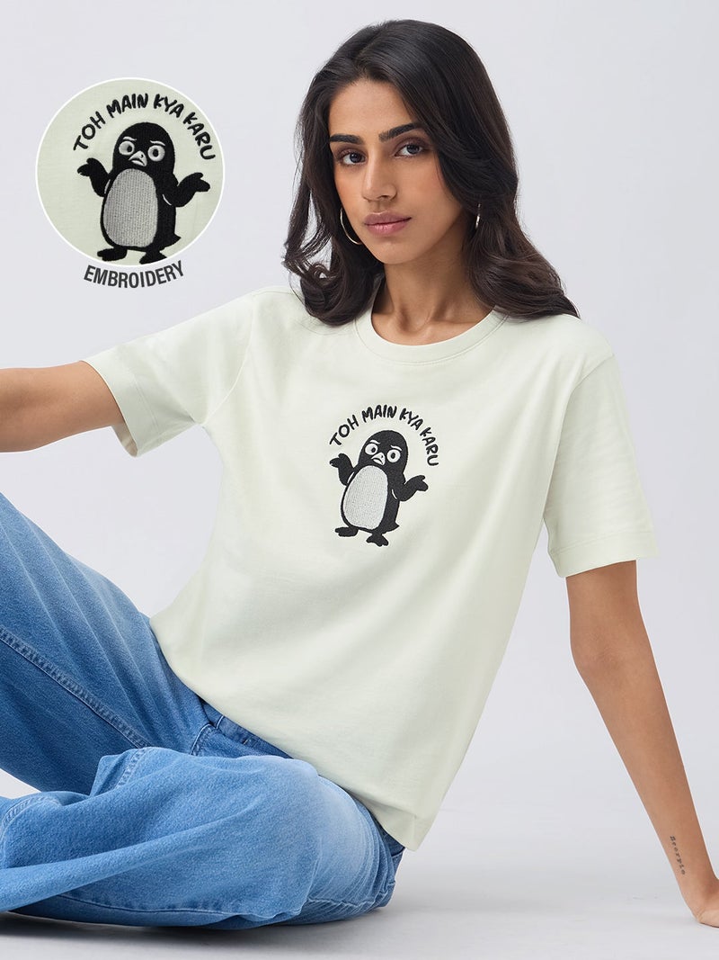 The Souled Store TSS Originals: To Main Kya Karu Women and Girls Short Sleeves Round Neck Light Cream Typography Embroidered Cotton Relaxed Fit Breathable Casual Streetwear T-Shirt - Image 3