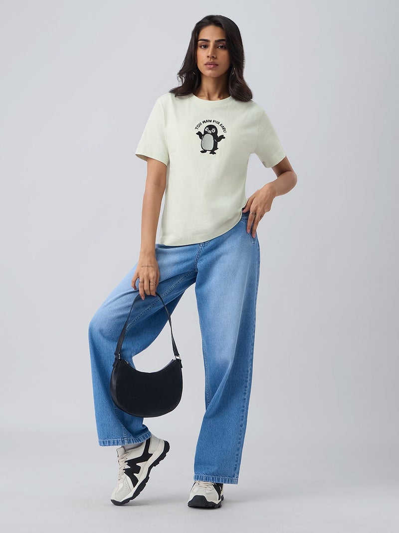 The Souled Store TSS Originals: To Main Kya Karu Women and Girls Short Sleeves Round Neck Light Cream Typography Embroidered Cotton Relaxed Fit Breathable Casual Streetwear T-Shirt - Image 1