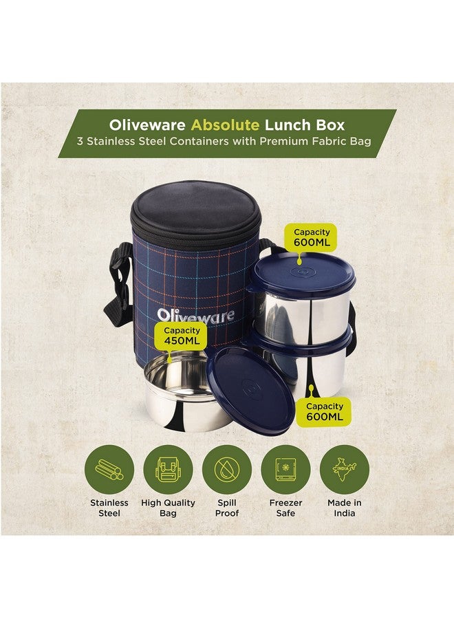 SOPL-OLIVEWARE Oliveware Absolute Lunch Box, 100% Leak Proof, 3 Stainless Steel Containers with BPA Free Lids (2x600ml & 450ml), Fabric Bag (Red) - Image 2