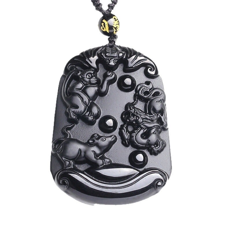Zhi Cheng Natural Black Obsidian Twelve Zodiac Trine Pendant for Men and Women - Year of the Rat, Dragon, Monkey - Image 5