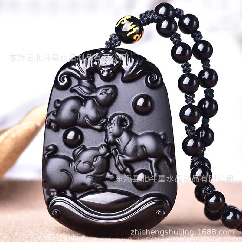 Zhi Cheng Natural Black Obsidian Twelve Zodiac Trine Pendant for Men and Women - Year of the Rat, Dragon, Monkey - Image 3