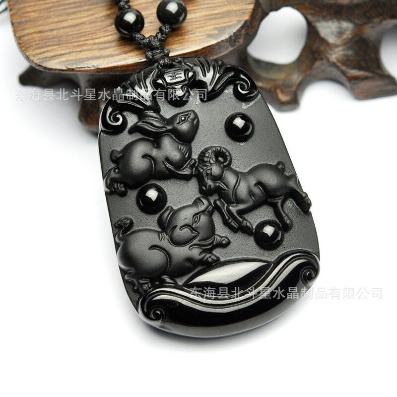 Zhi Cheng Natural Black Obsidian Twelve Zodiac Trine Pendant for Men and Women - Year of the Rat, Dragon, Monkey - Image 4