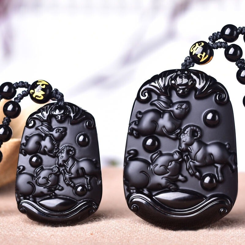Zhi Cheng Natural Black Obsidian Twelve Zodiac Trine Pendant for Men and Women - Year of the Rat, Dragon, Monkey - Image 1