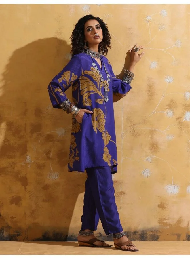 ترو برونز trueBrowns Purple Mustard Floral Print Muslin Silk A-line Kurta Co-ord Set