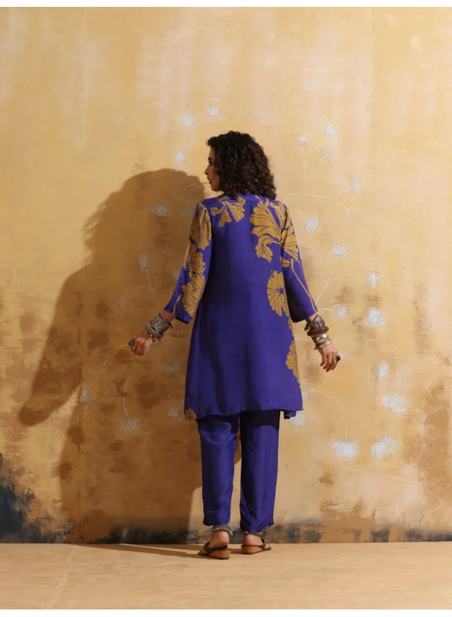 ترو برونز trueBrowns Purple Mustard Floral Print Muslin Silk A-line Kurta Co-ord Set