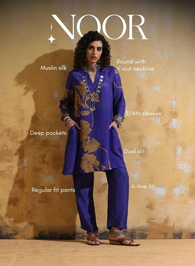 trueBrowns trueBrowns Purple Mustard Floral Print Muslin Silk A-line Kurta Co-ord Set
