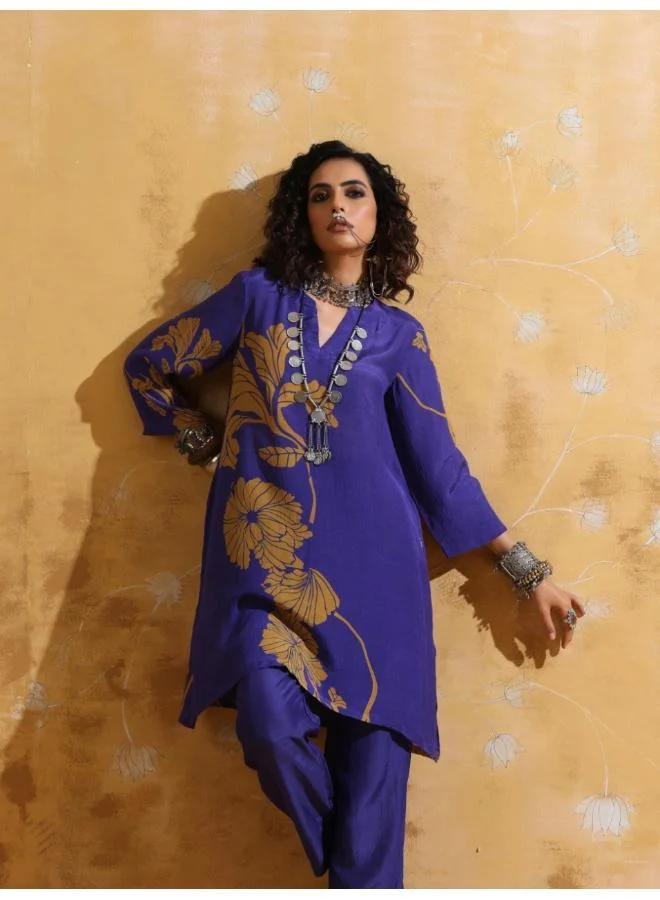 trueBrowns trueBrowns Purple Mustard Floral Print Muslin Silk A-line Kurta Co-ord Set