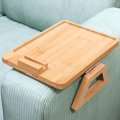Danfoxer Couch Arm Tray with 360PhoneBamboo Folding Sofa TraySofa Armrest Trays ClipOn Couch Desk for DrinksSnacksPhoneRemote ControlNatural