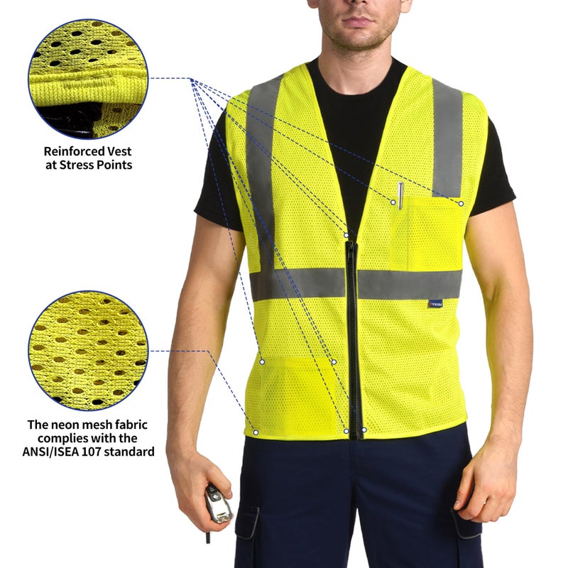 AYKRM Men's Safety Vest 2 Pockets Reflective High Visibility Class II Mesh Vest for Women & Men Meets ANSI Standards Yellow Safety Vest with Reflective Strips - Image 5