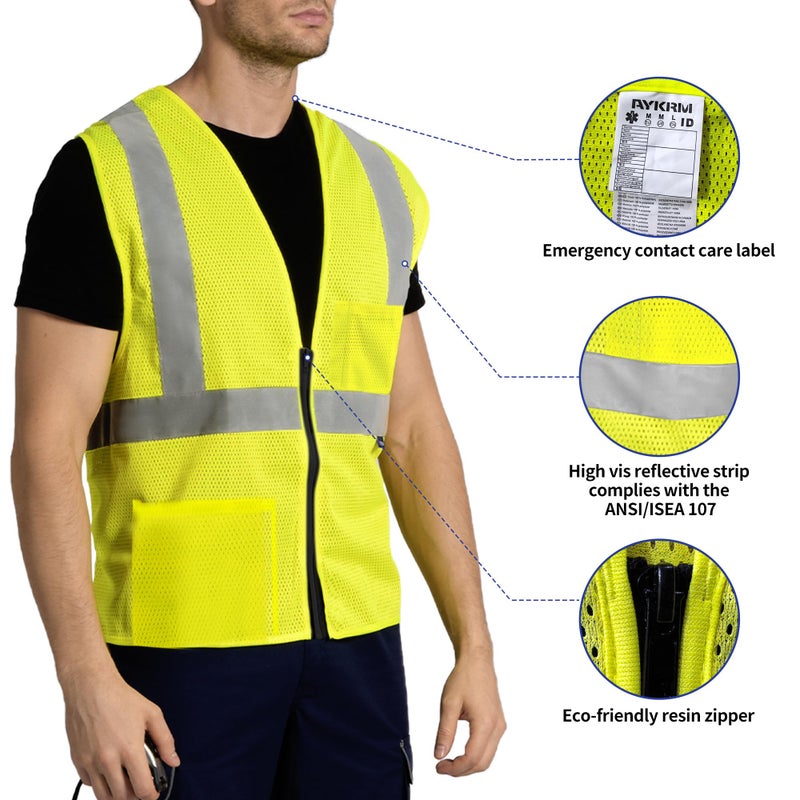 AYKRM Men's Safety Vest 2 Pockets Reflective High Visibility Class II Mesh Vest for Women & Men Meets ANSI Standards Yellow Safety Vest with Reflective Strips - Image 2