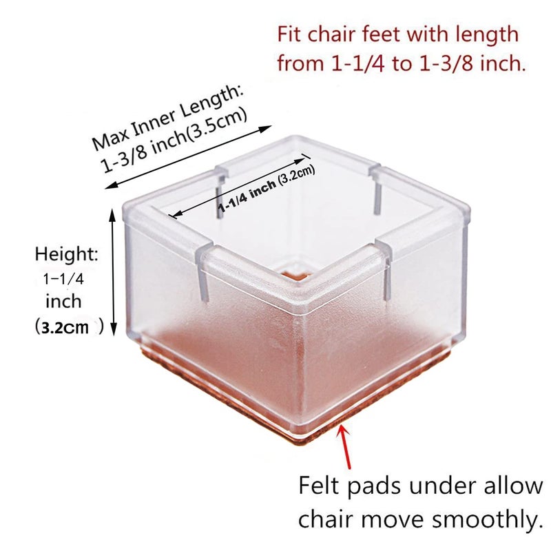 Gutapo 16PCS Transparent Square Chair Leg Wood Floor Protectors Silicone Furniture Chair Legs Caps Covers with Felt Pads fit 1-1/4 to 1-3/8 Inch (3.2-3.5cm) - Image 2